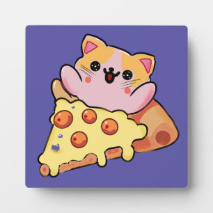 Plaque Photo Chat Mignon Kawaii Enlaçant une Pizza au Pepperoni