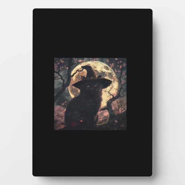 Plaque Photo Chat noir avec Casquette sorcier Halloween (Devant)