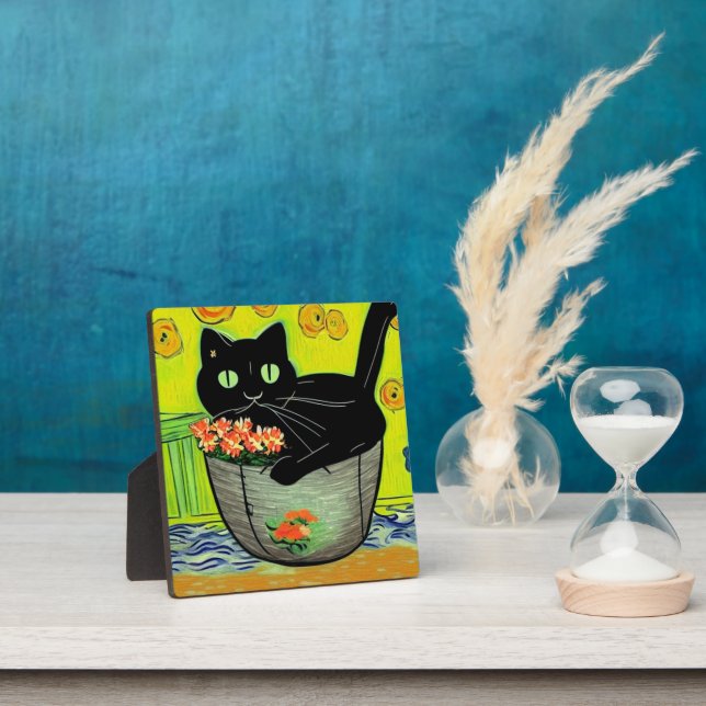 Plaque Photo Chat noir dans un pot de fleurs (Insitu)