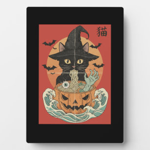 Plaque Photo Chat noir mange du ramen japonais pour Halloween