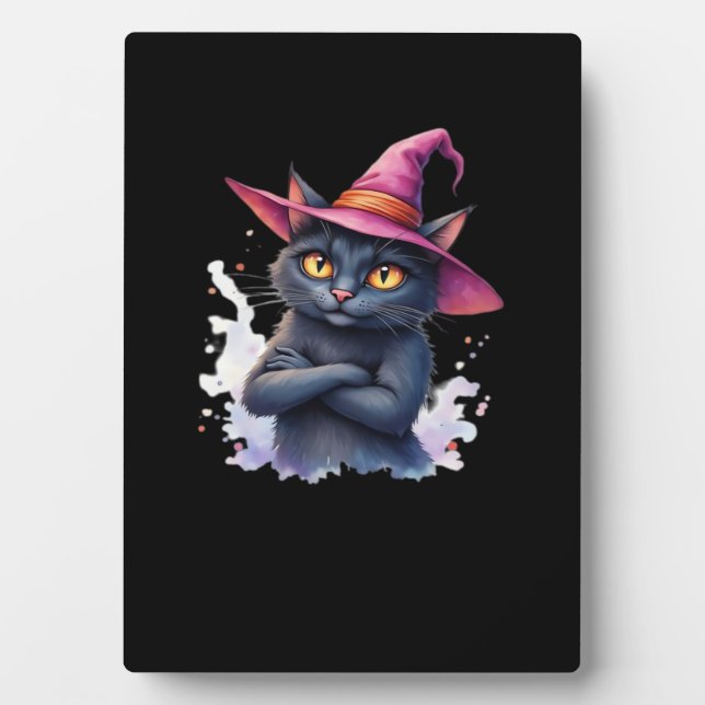 Plaque Photo Chat noir mignon en sorcier Casquette - Halloween  (Devant)