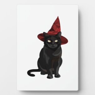 Plaque Photo Chat noir mystique avec chapeau rouge foncé T-Shir