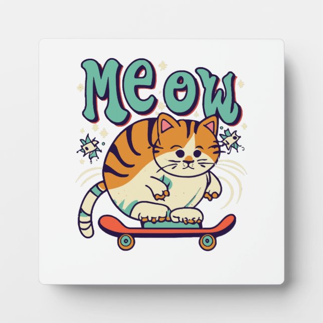 Plaque Photo Chat qui fait du skate Meow (Devant)