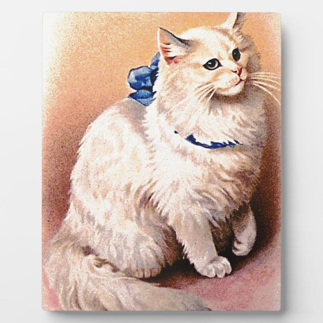Plaque Photo Chat vintage avec Bleu Bow (Devant)