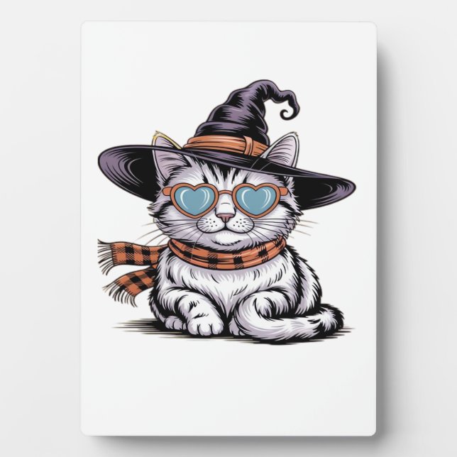 Plaque Photo Chatte Sorcière Cool – Joli Chat de Halloween avec (Devant)