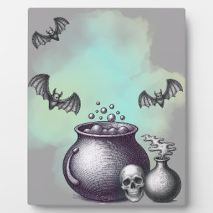 Plaque Photo Chaudière de sorcière, Chauves-souris et Crâne Pla