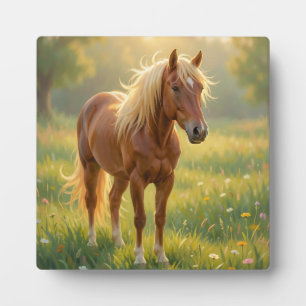 Plaque Photo Cheval à la crinière dorée Prairie de fleurs sauva