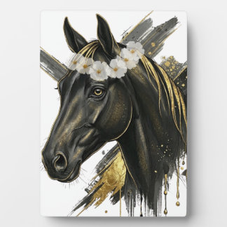Plaque Photo Cheval Noir Doré Couronne Florale – Art Équestre L