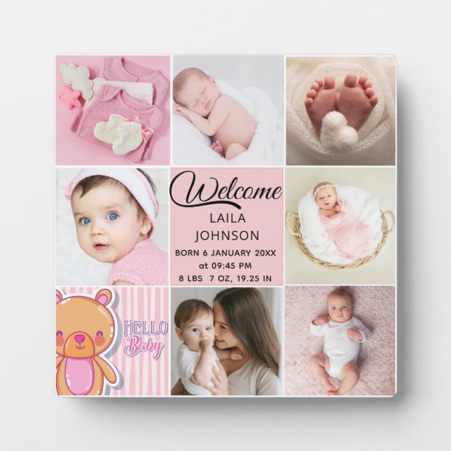 Plaque Photo Chic Pink Custom name and baby girl photo collage (Devant)