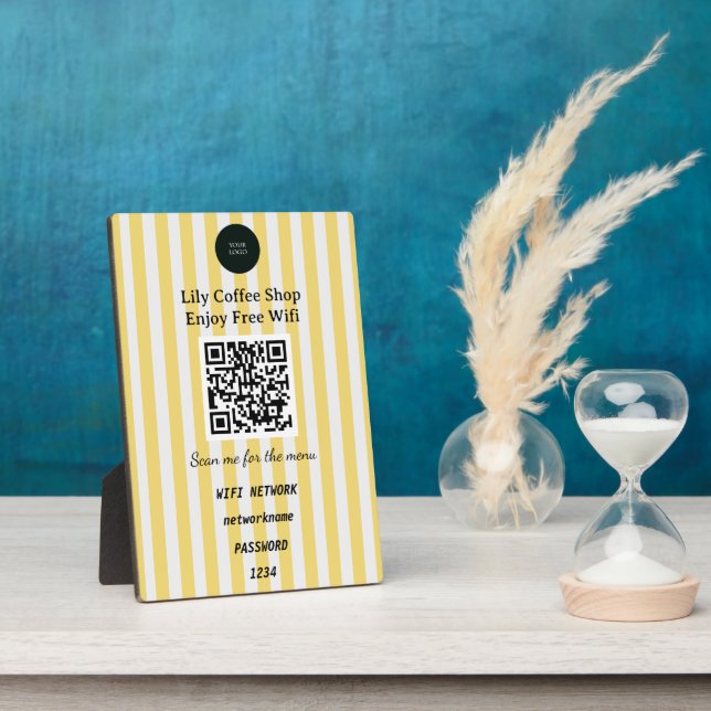 Plaque Photo Chic Yellow & White Stripes QR Code Wifi (Côté)