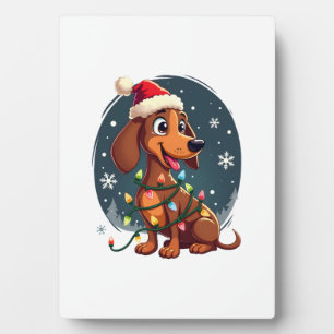 Plaque Photo Chien de Noël Dachshund Père Noël Xmas Wiener Femm