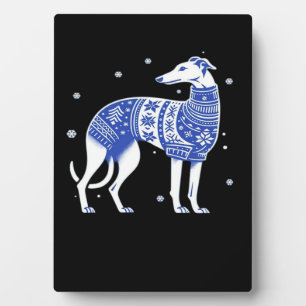 Plaque Photo Chien Gréhound de Noël portant un pull moche bleu