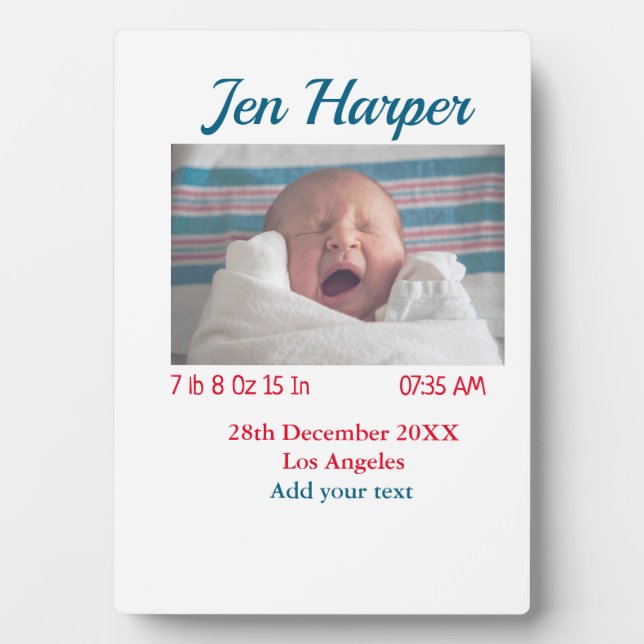 Plaque Photo Chiffres de naissance bébé ajouter nom lieu date d (Devant)