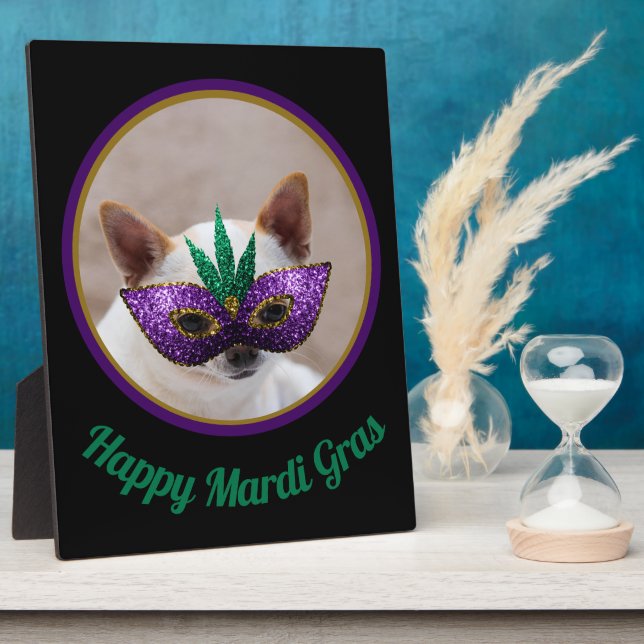 Plaque Photo Chihuahua cute Happy Mardi Gras sparkly mask photo (Côté)