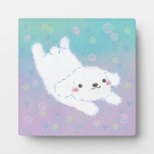 Plaque Photo Chiot Mignon avec Fleurs Pastel
