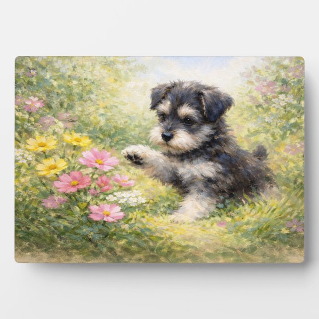 Plaque Photo Chiots Schnauzer Fleurs de printemps (Devant)