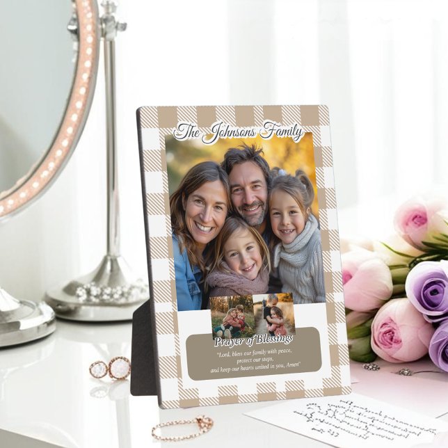 Plaque Photo Christian Beige Buffalo Plaid Family Photo Collage (Créateur téléchargé)