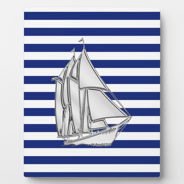 Plaque Photo Chrome Sailboat sur les rayures nautiques (Devant)