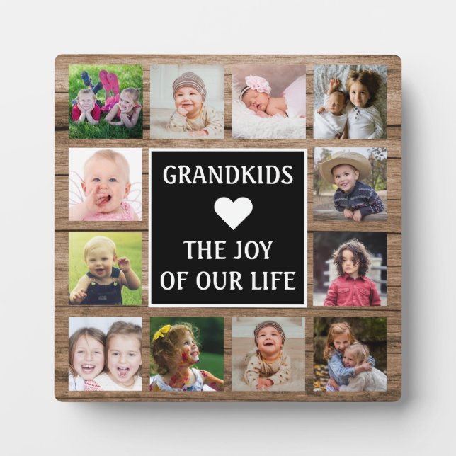 Plaque Photo Citation Rustic Wood Grandkids 12 Collage d'images (Devant)