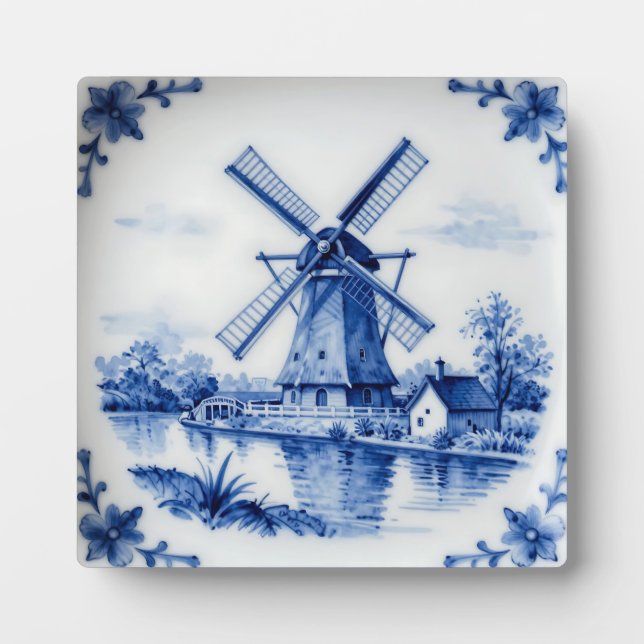 Plaque Photo Classic Delft Blue Windmill Canal Scene (Devant)