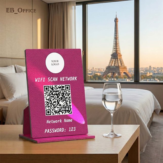 Plaque Photo Code QR Wifi Cuir Magenta Chic en Vedette  (Luxury QR Code Wi-fi Tabletop Sign
& Logo
•	Magenta Leather pattern
•	5” x 7”
)