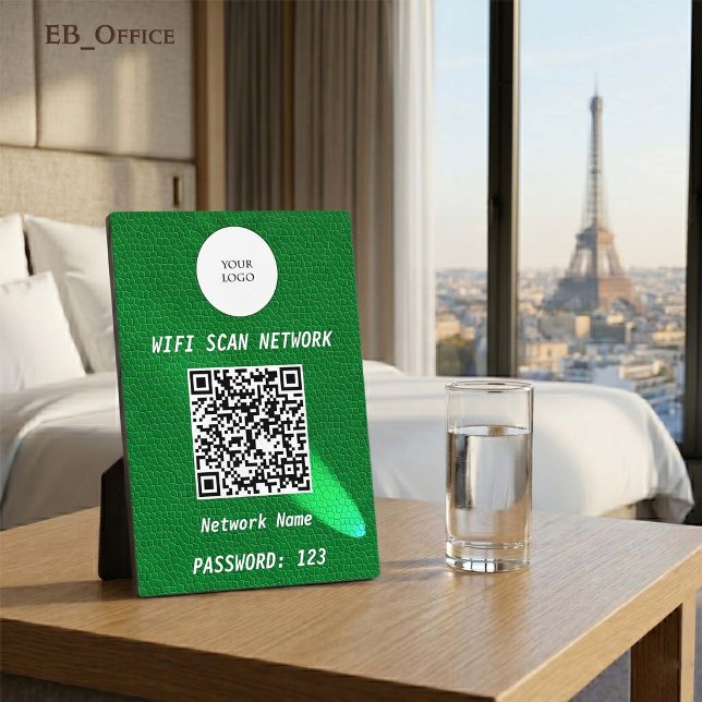 Plaque Photo Code QR Wifi Enseigne de Luxe en Cuir Vert Project (Luxury QR Code Wi-fi Tabletop Sign
& Logo
•	Green Leather pattern
•	5” x 7”
)