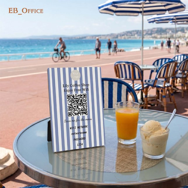 Plaque Photo Code QR Wifi Rayures Verticales Bleu Marine sur Pr (Modern Navy Blue Vertical Stripes
QR Code Wifi-Fi Plaque
5” X 7”
)