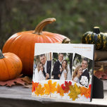 Plaque Photo Collage de photos de jeunes mariés à feuilles d'au<br><div class="desc">Cette belle annonce de mariage plaque de photo de Thanksgiving présente un élégant collage de 3 photographies sous les mots orange Nous nous sommes mariés en secret. Cette jolie photo de feuille d'automne avec un bois blanc tendance derrière les feuilles est une carte de vacances chic pour décorer avec vos...</div>