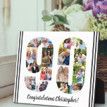Plaque Photo Collage photo Numéro personnalisé 90 Anniversaire<br><div class="desc">90th Birthday Plaque - personnalisée avec un collage photo de vos photos préférées et texte personnalisé. Le modèle photo est configuré pour vous permettre d'ajouter vos photos, qui seront affichées sous la forme d'un numéro 90. On peut aussi customiser le libellé actuel, qui dit "Félicitations [nom] !". Parcourez mon magasin...</div>