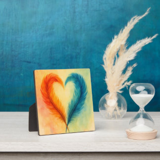 Plaque Photo Colorful Feather Heart Watercolor Art