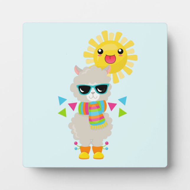 Plaque Photo Cool Llama et souriant Kawaii Sun (Devant)