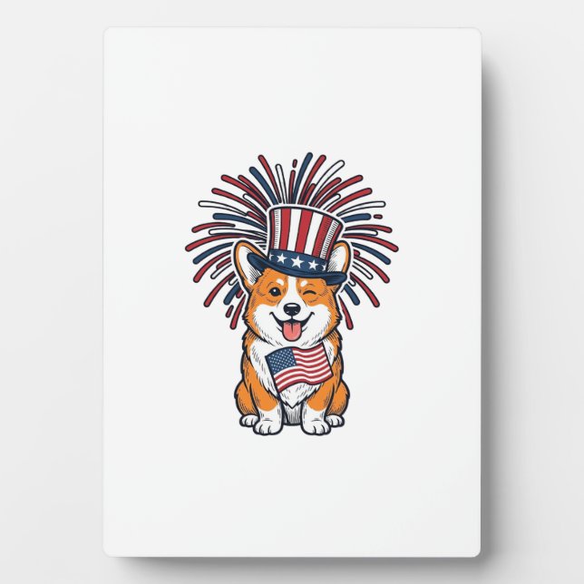 Plaque Photo Corgi patriote Feu d'artifice Chien Conception vec (Devant)