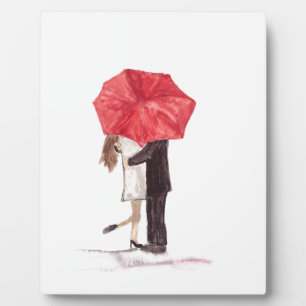 Plaque Photo Couple amoureux sous parapluie rouge