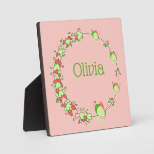 Plaque Photo Couronne de coeurs roses et verts et de papillons 
