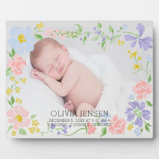 Plaque Photo Couronne florale rose Noms de bébé Script statisti