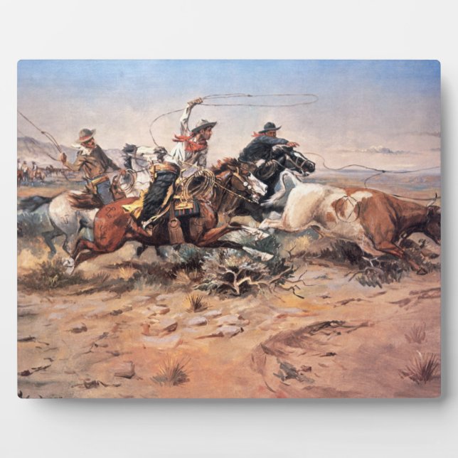 Plaque Photo Cowboys roping a steer, 1897 (huile sur toile) (Devant)