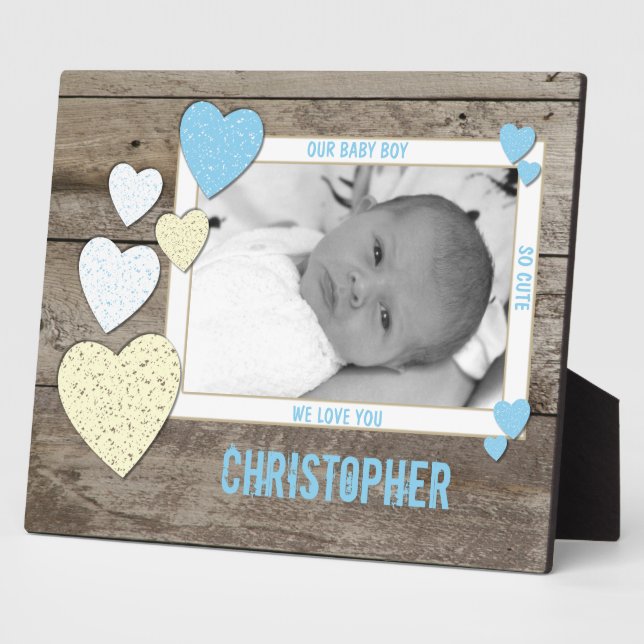 Plaque Photo Crème bleue avec le coeur photo de bébé rustique e (Côté)