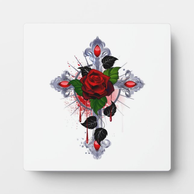 Plaque Photo Croix d'argent avec une rose rouge (Devant)