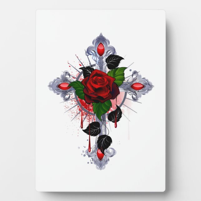 Plaque Photo Croix d'argent avec une rose rouge (Devant)