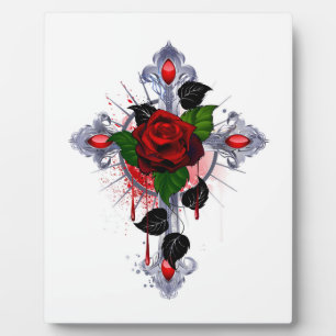 Plaque Photo Croix d'argent avec une rose rouge