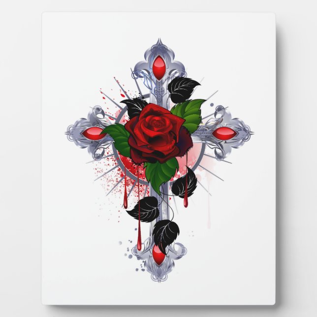 Plaque Photo Croix d'argent avec une rose rouge (Devant)