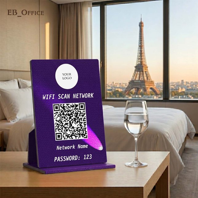 Plaque Photo Cuir Luxueux Violet Foncé Projecteur QR Code Wifi  (Luxury QR Code Wi-fi Tabletop Sign
& Logo
•	Purple Leather pattern
•	5” x 7”
)