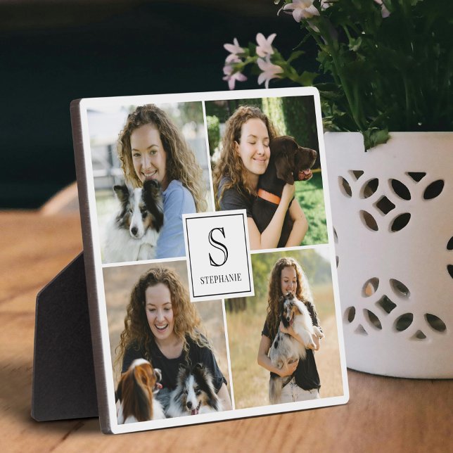 Plaque Photo Custom 4 Photo Collage with Monogram and Name (Créateur téléchargé)
