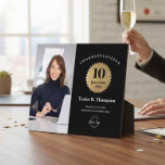 Plaque Photo Custom Employee Recognition Photo 10 Year service<br><div class="desc">Celebrate a milestone moment with this modern custom employee recognition photo plaque, designed for honoring 10 Years of Service in style. Featuring a bold black background, faux-gold badge, personalized employee name, company logo, and an optional photo, this appreciation award is perfect for recognizing dedication, loyalty, and leadership. Customize the text,...</div>