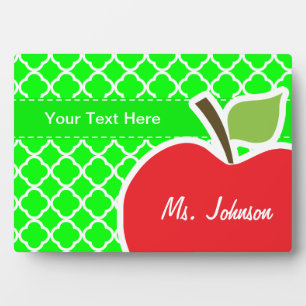 Plaque Photo Cute Apple on Electric Green Quatrefoil