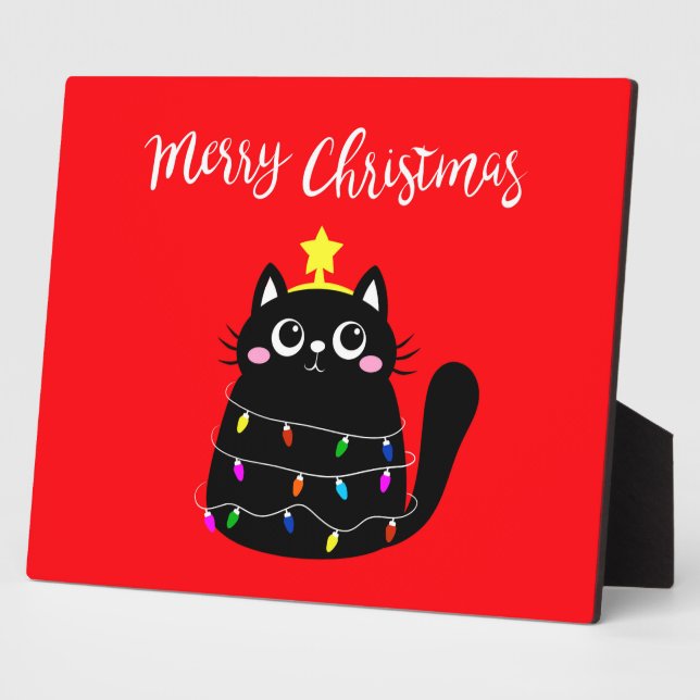Plaque Photo Cute cartoon black cat Christmas tree (Côté)