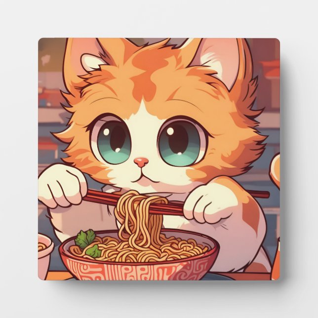 Plaque Photo Cute Chat Mange Ramen nouilles (Devant)