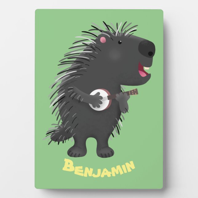 Plaque Photo Cute funny porcupine playing banjo cartoon  (Devant)