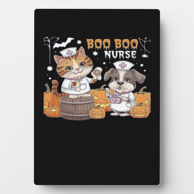Plaque Photo Cute Halloween Nurse Chat et Chien avec Cla Citrou (Devant)
