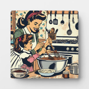 Plaque Photo Cute Retro Maman et Fille Cuisiner ensemble